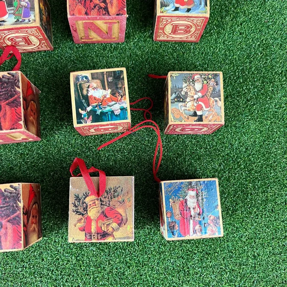 Set of 16 Vintage Wooden Alphabet and Santa Claus Christmas Block Ornaments